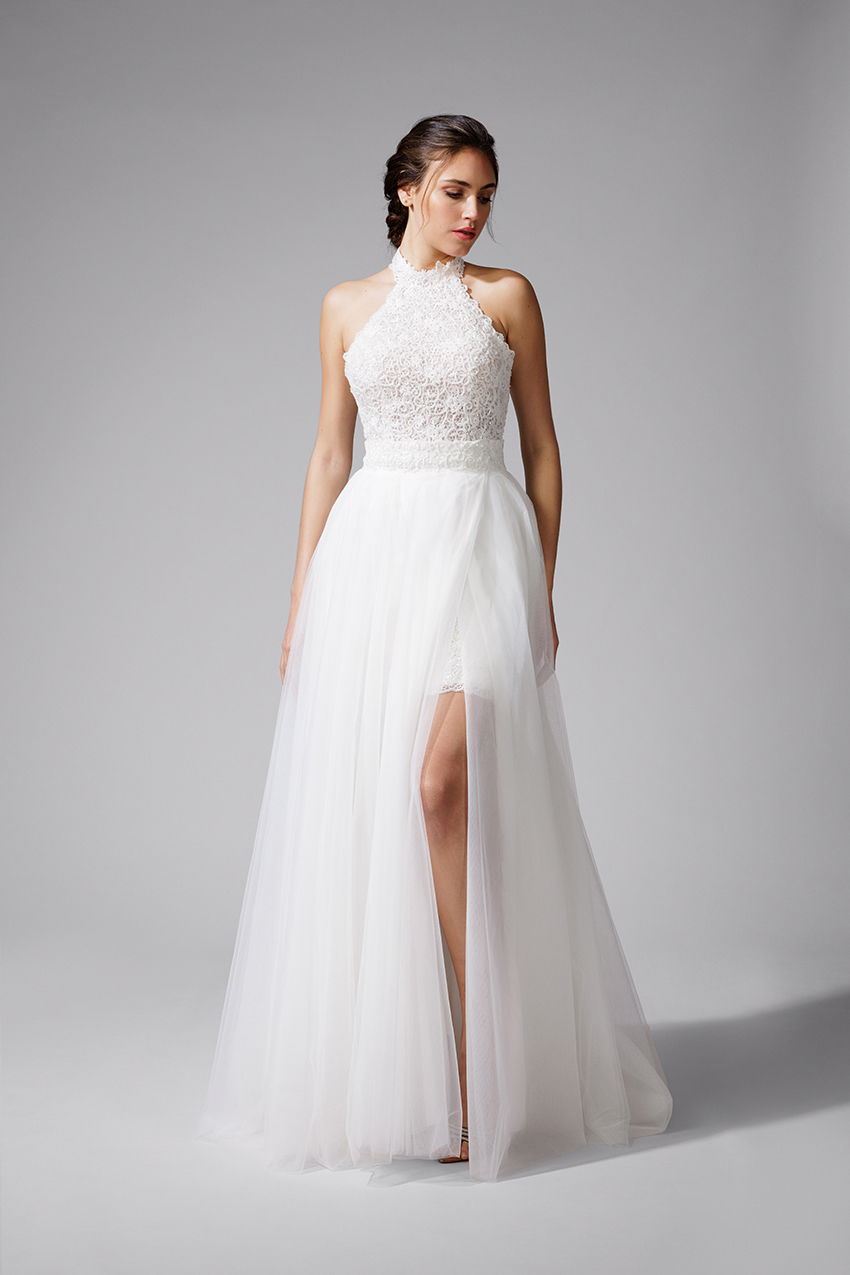 BEL22707_1.1 copie Robe de mariée BEL22707 robe courte perlée avec surjupe fendue en tulle